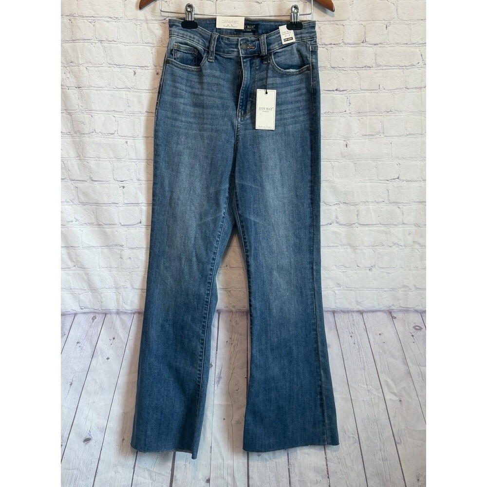 Judy Blue Jeans Womens 5/27 Blue High Waist Flare Raw Hem Stretch Dark Denim